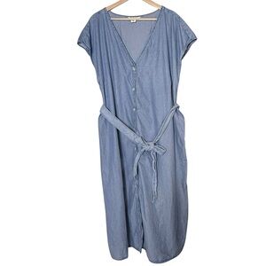 H&M Maternity Chambray V Neck Midi Shirt Dress Size L Tie Waist Bump Friendly